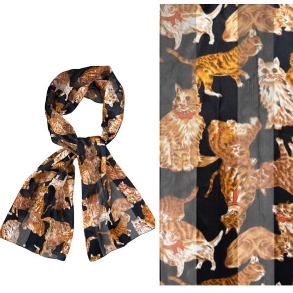 Vintage Cat Scarf Silk Fashion Animal Print Vintage Scarf Black Brown Orange Tan